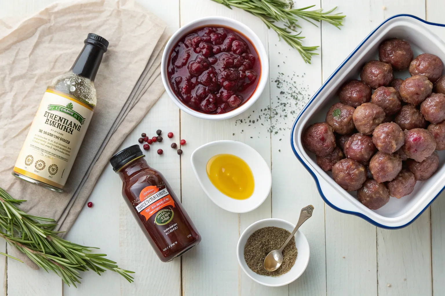 Cranberry BBQ Meatballs on Toothpicks: Blissful Flavor Christmas Bomb 3 A flat lay image showcasing the core ingredients for cranberry BBQ meatballs: a can of cranberry sauce, a bottle of barbecue sauce, and a bag of frozen meatballs, with small dishes of optional rosemary and mustard.