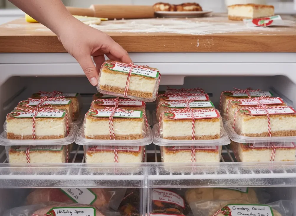 Eggnog Cheesecake Bars: Nutmeg Crust - Bold & Decadent 8 An open freezer drawer showing individually wrapped and labeled eggnog cheesecake bars, organized for long-term storage, highlighting holiday meal prep.