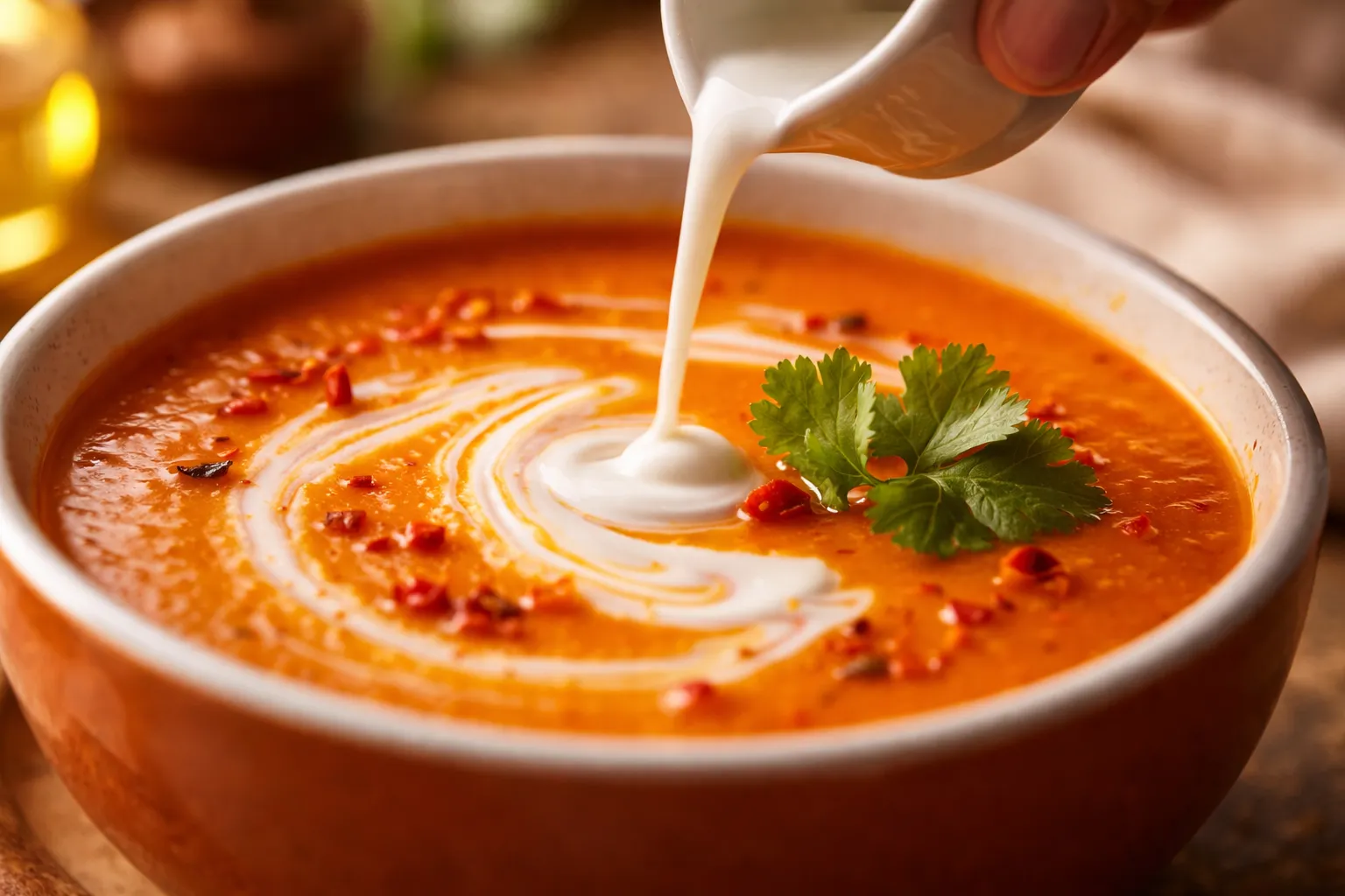 Soul-Warming Spicy Carrot Ginger Soup With Harissa 6 A close-up shot of white coconut cream being swirled into a bright orange carrot soup to balance the spice.