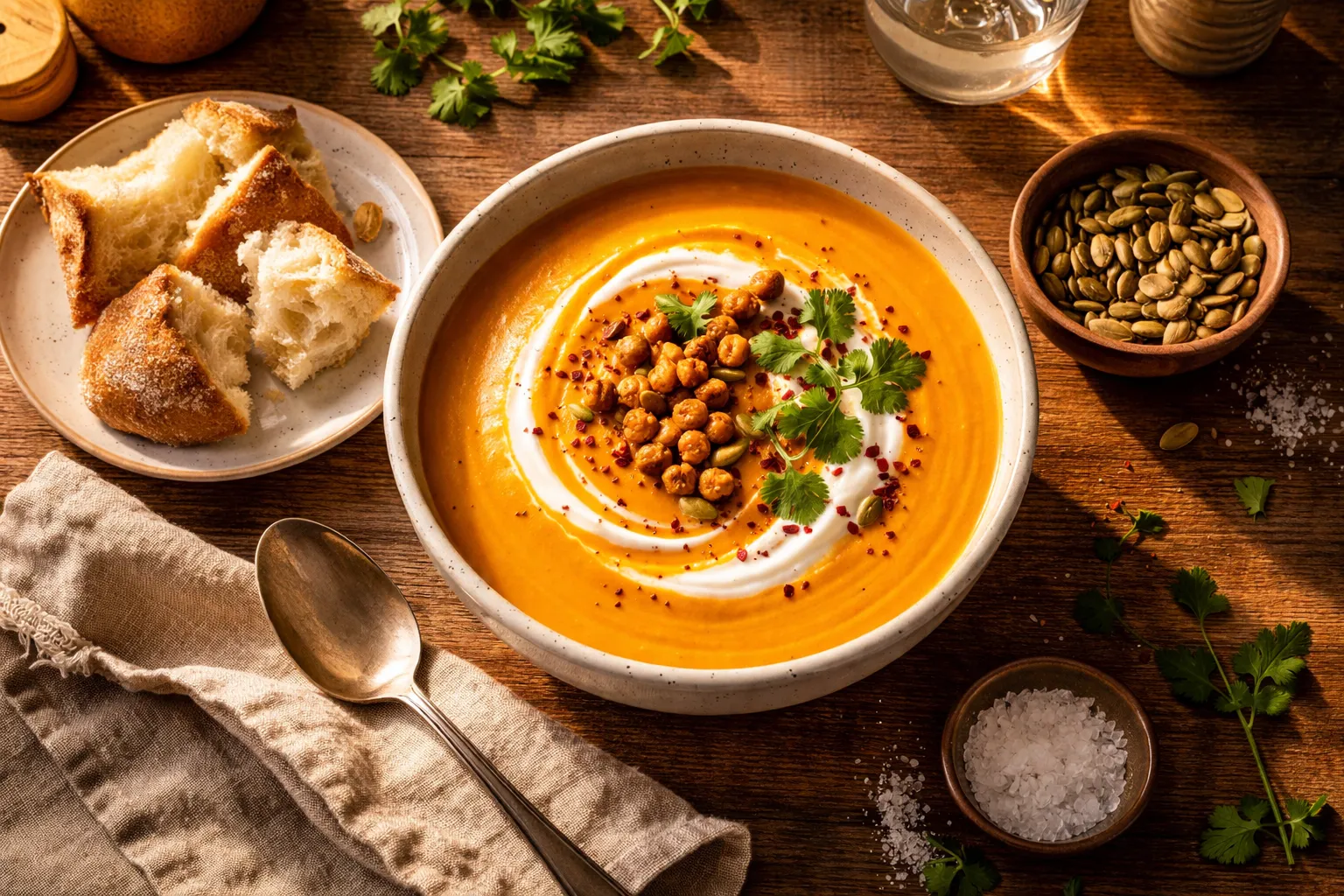Soul-Warming Spicy Carrot Ginger Soup With Harissa 7 A cozy table setting with a bowl of orange carrot soup, crusty bread, and pumpkin seeds under warm lighting.