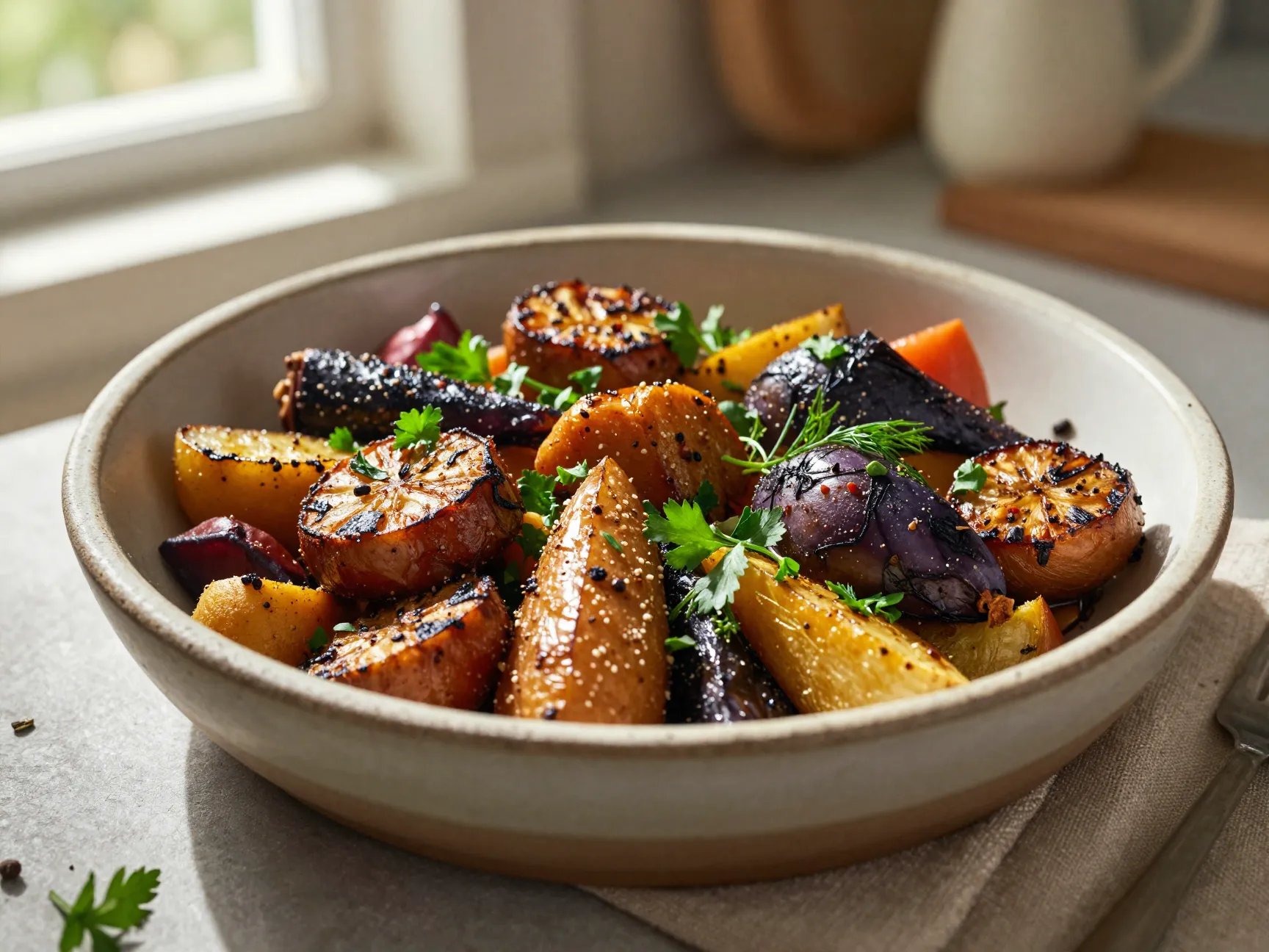 Hearty Moroccan dish of vegetables with traditional seasoning Magic 2 Plated hearty vegetable dish with traditional seasoning, garnished with fresh herbs, ready to serve