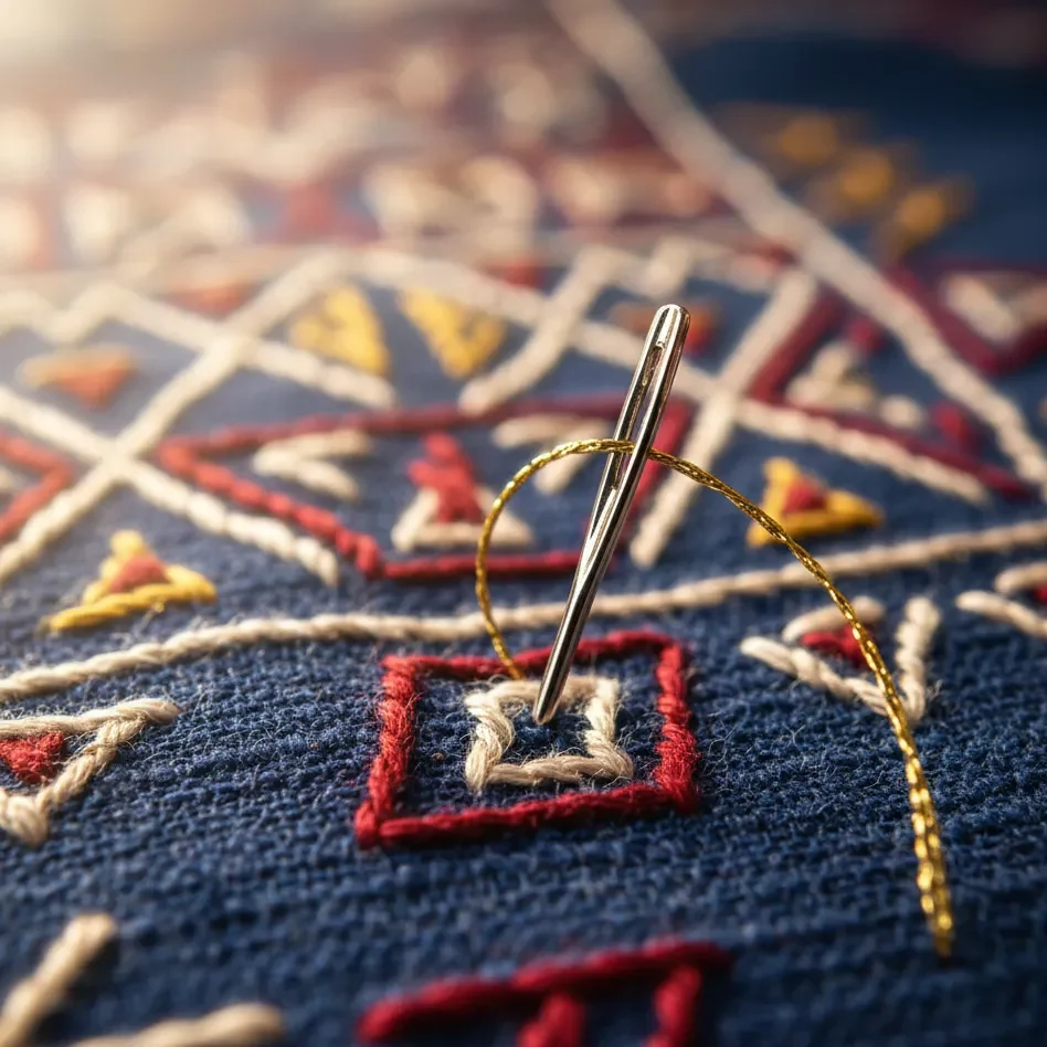 The Stunning Secrets of Moroccan Style(Djellaba, caftan, Gandoura) 10 A close-up view of gold thread being hand-stitched into dark blue Moroccan silk, showcasing intricate traditional patterns and fabric texture.