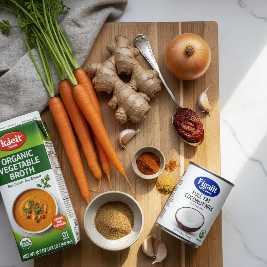 Soul-Warming Spicy Carrot Ginger Soup With Harissa 4 A flat lay photo displaying fresh ingredients for spicy carrot ginger soup: whole carrots, a ginger root, a spoon of red harissa, an onion, garlic, and spices on a wooden board.