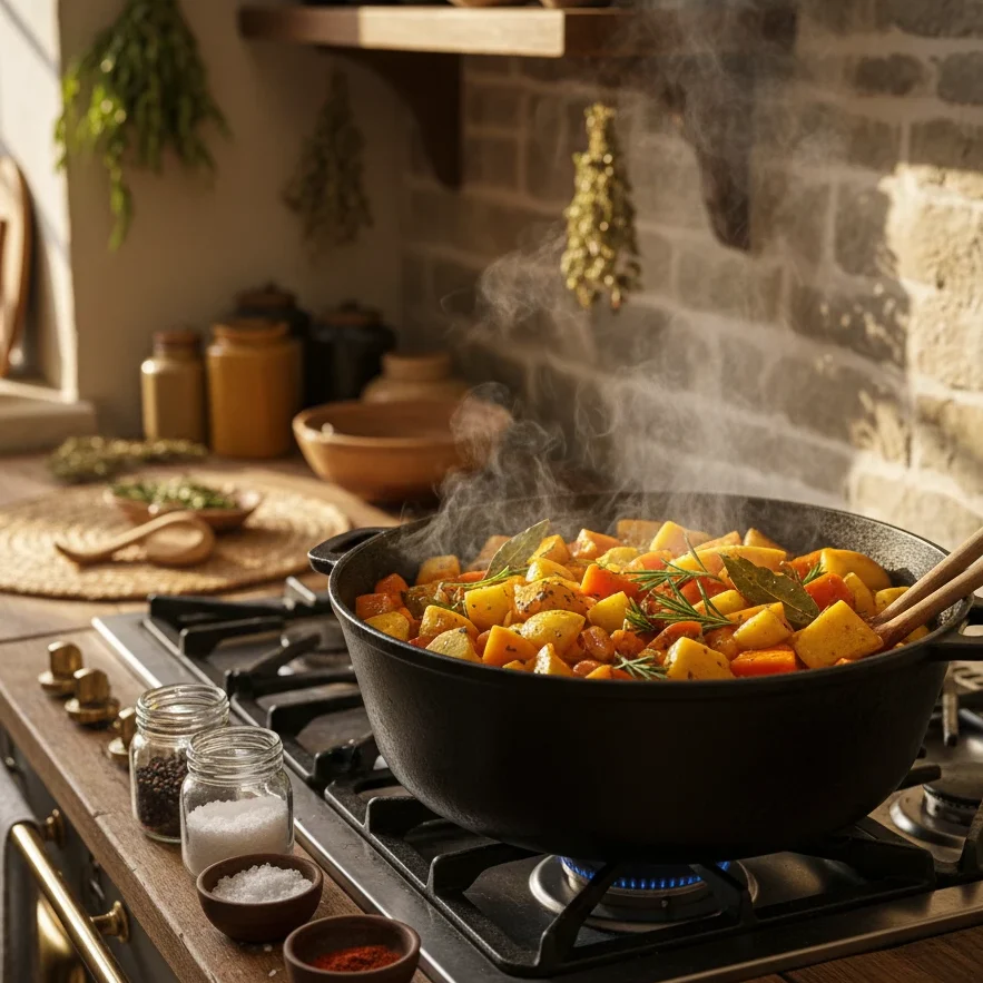 Hearty Moroccan dish of vegetables with traditional seasoning Magic 7 Slow-cooked vegetables in a rustic pot using traditional cooking methods