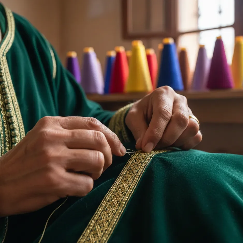 The Stunning Secrets of Moroccan Style(Djellaba, caftan, Gandoura) 7 Close-up of a Moroccan craftsman's hands sewing traditional gold embroidery and silk buttons onto a luxury green velvet Caftan.