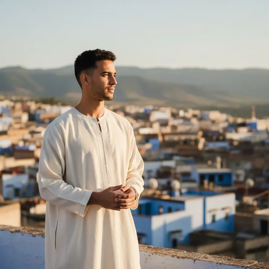 The Stunning Secrets of Moroccan Style(Djellaba, caftan, Gandoura) 9 A man wearing a light-colored traditional Moroccan Gandoura standing on a rooftop overlooking the blue city of Chefchaouen.