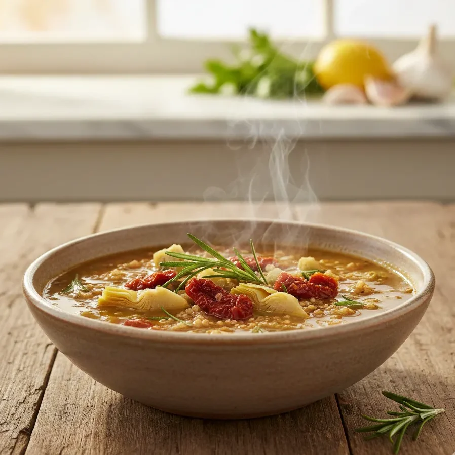 Elite Slow Cooker Mediterranean Quinoa Soup Recipe 2 Steaming bowl of Mediterranean Quinoa Soup with artichokes, quinoa, and sun-dried tomatoes, garnished with rosemary on a rustic wooden table in a sunlit kitchen.