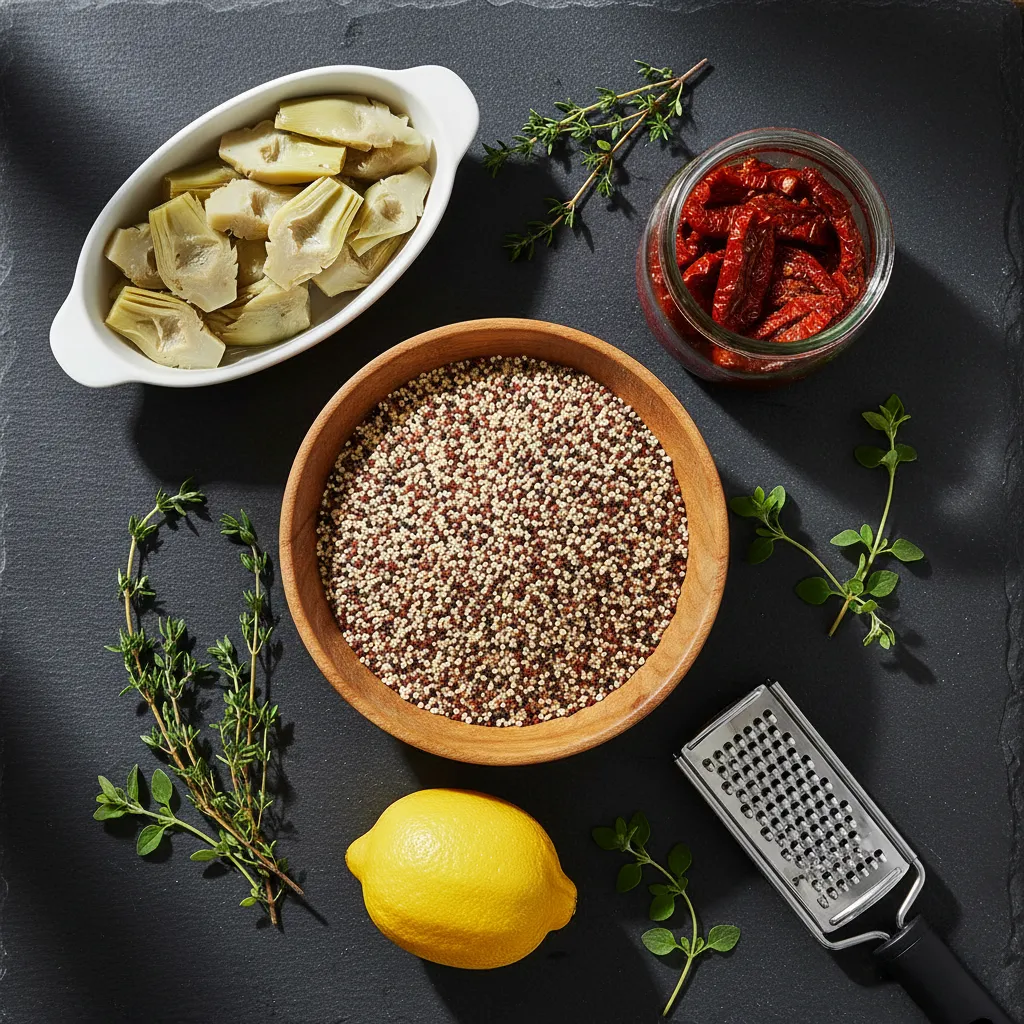Elite Slow Cooker Mediterranean Quinoa Soup Recipe 3 A collection of fresh ingredients for Mediterranean quinoa soup, including quinoa, artichoke hearts, sun-dried tomatoes, and fresh herbs on a dark rustic surface.