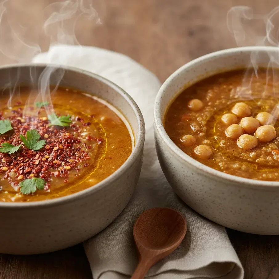 Elite Slow Cooker Mediterranean Quinoa Soup Recipe 5 Two bowls of Mediterranean quinoa soup showing different toppings: one with spicy Aleppo pepper and parsley, the other with protein-rich chickpeas.