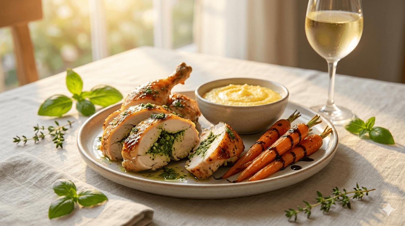 Epic Ricotta Stuffed Pesto Cockerel Recipe 7 A gourmet plated meal of ricotta-stuffed pesto cockerel served with roasted vegetables and a side of creamy polenta.