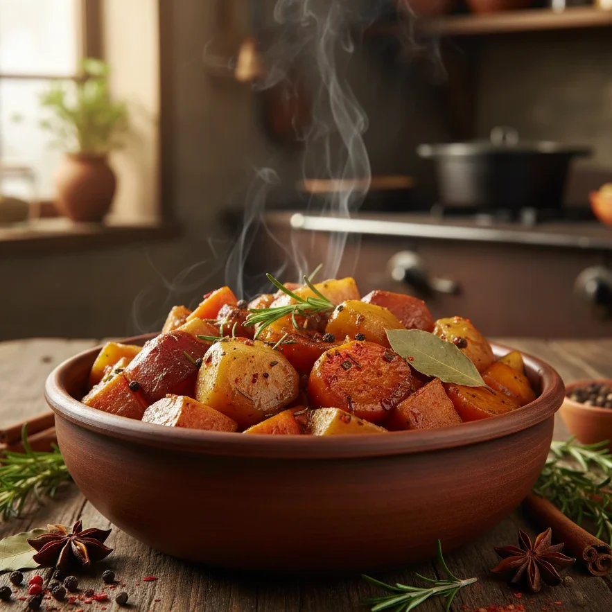 Hearty Moroccan dish of vegetables with traditional seasoning Magic 4 Hearty dish of vegetables with traditional seasoning served in a rustic bowl