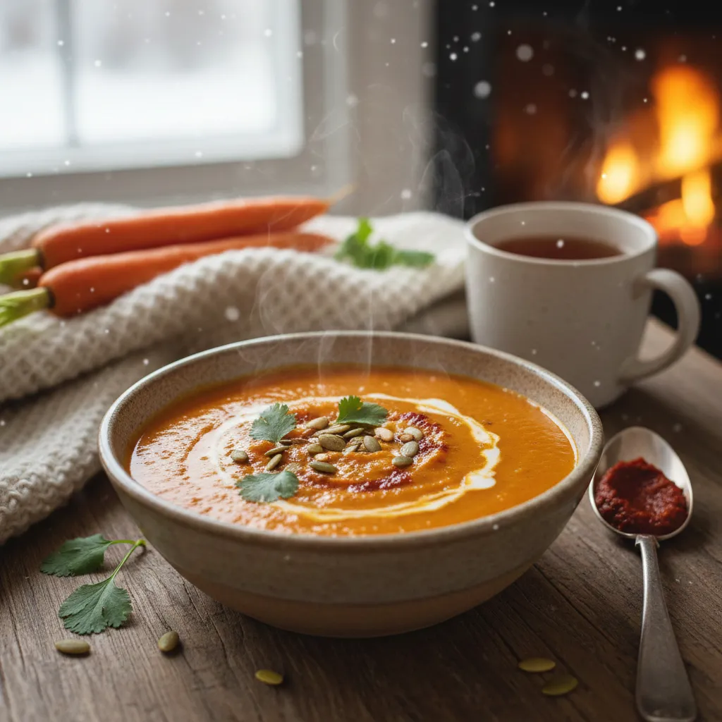 A steaming bowl of creamy orange carrot and ginger soup topped with white cream and red harissa paste on a rustic wooden table.