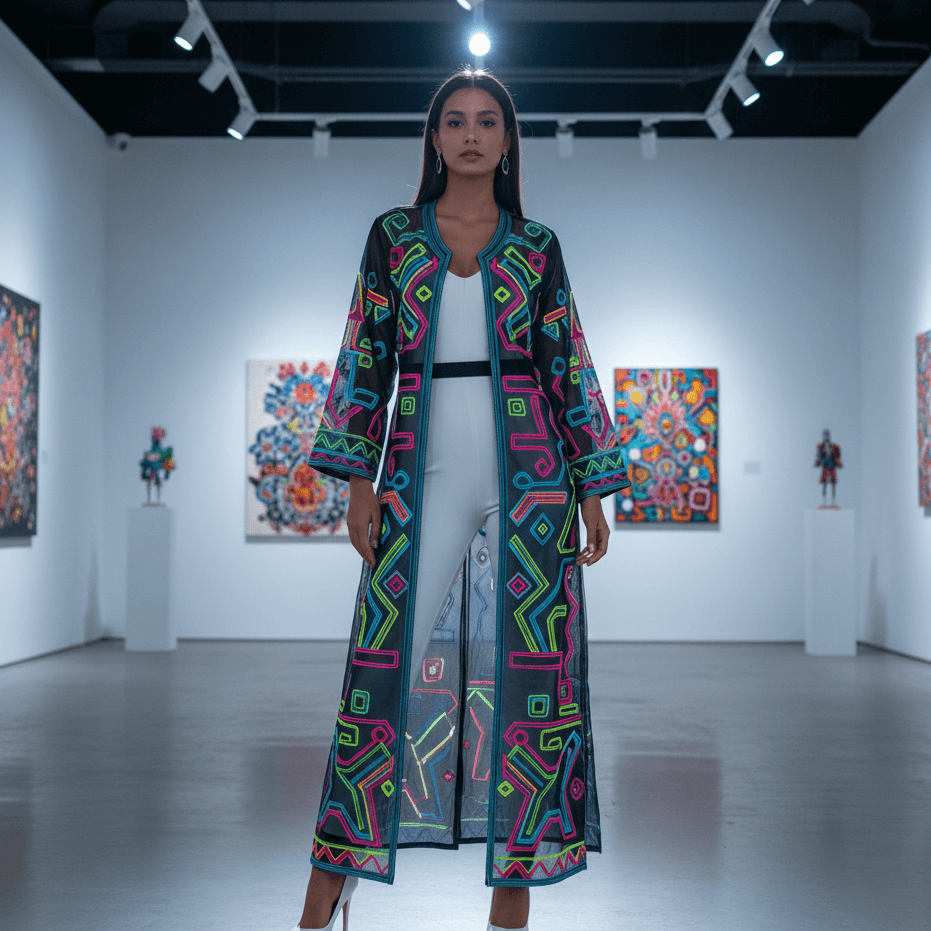 The Stunning Secrets of Moroccan Style(Djellaba, caftan, Gandoura) 12 A modern fashion shot of a woman wearing a contemporary version of a Moroccan Caftan styled with modern clothing in an art gallery setting.