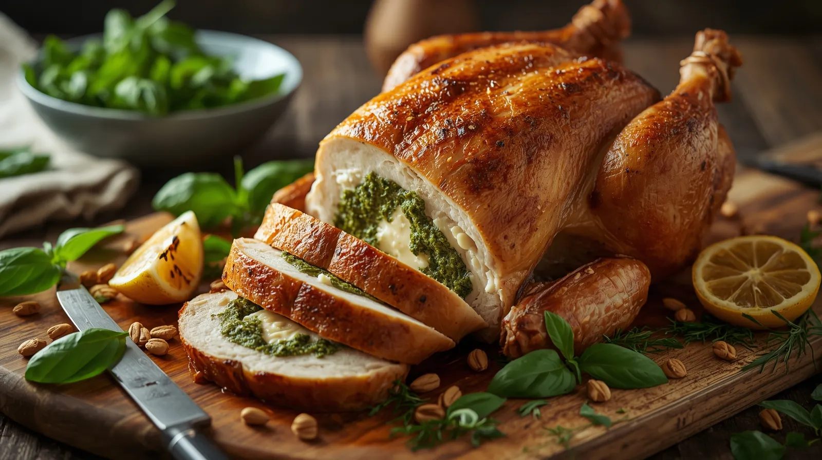 Epic Ricotta Stuffed Pesto Cockerel Recipe 3 A succulent roasted pesto cockerel stuffed with ricotta cheese, sliced on a wooden board with fresh herbs and pine nuts.