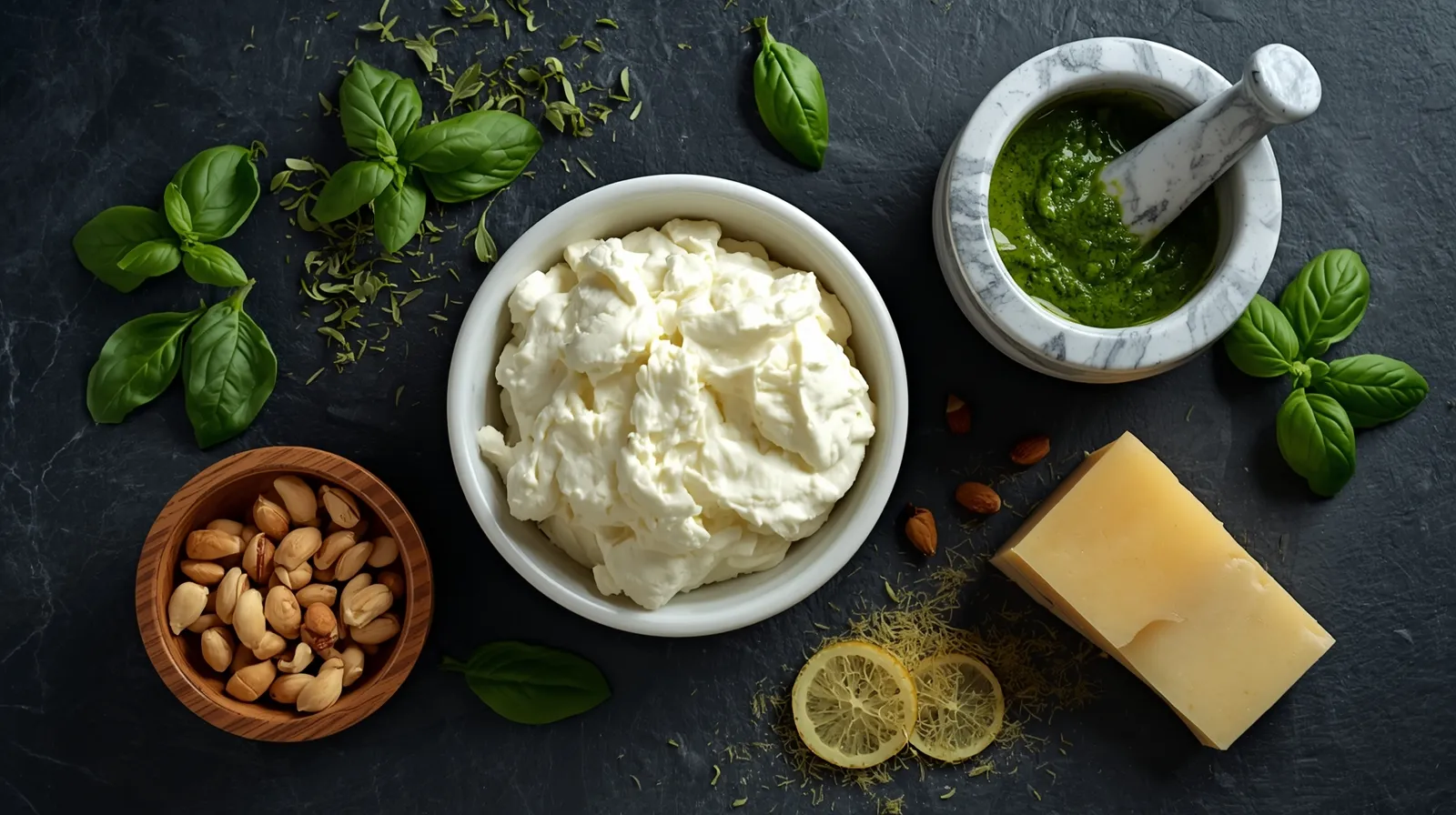 Epic Ricotta Stuffed Pesto Cockerel Recipe 4 Fresh ingredients for pesto and ricotta stuffing including pine nuts, lemon zest, and artisanal basil pesto on a dark slate table.
