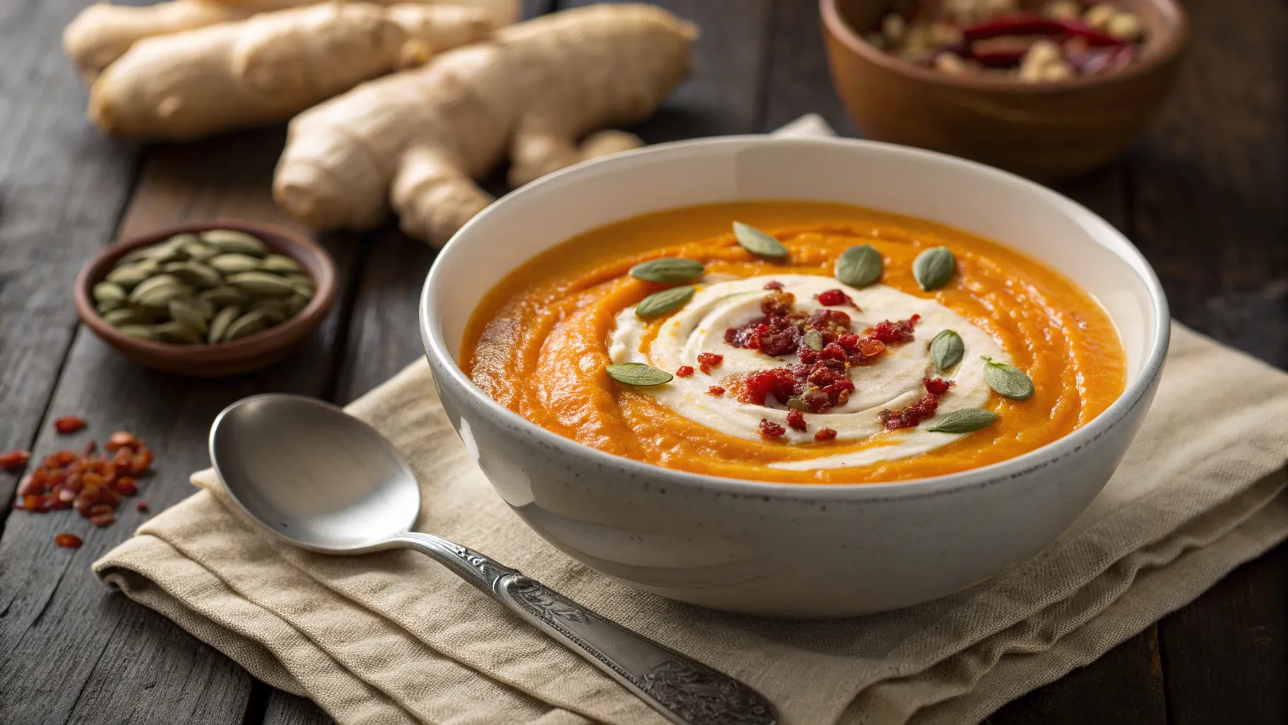 Soul-Warming Spicy Carrot Ginger Soup With Harissa 3 A steaming bowl of creamy orange carrot and ginger soup topped with white cream and red harissa paste on a rustic wooden table.