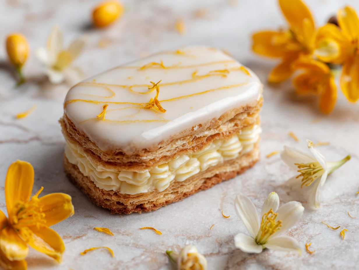 Sweet pastry with cream perfumed with orange blossoms, elegantly plated with floral garnishes on a marble surface.
