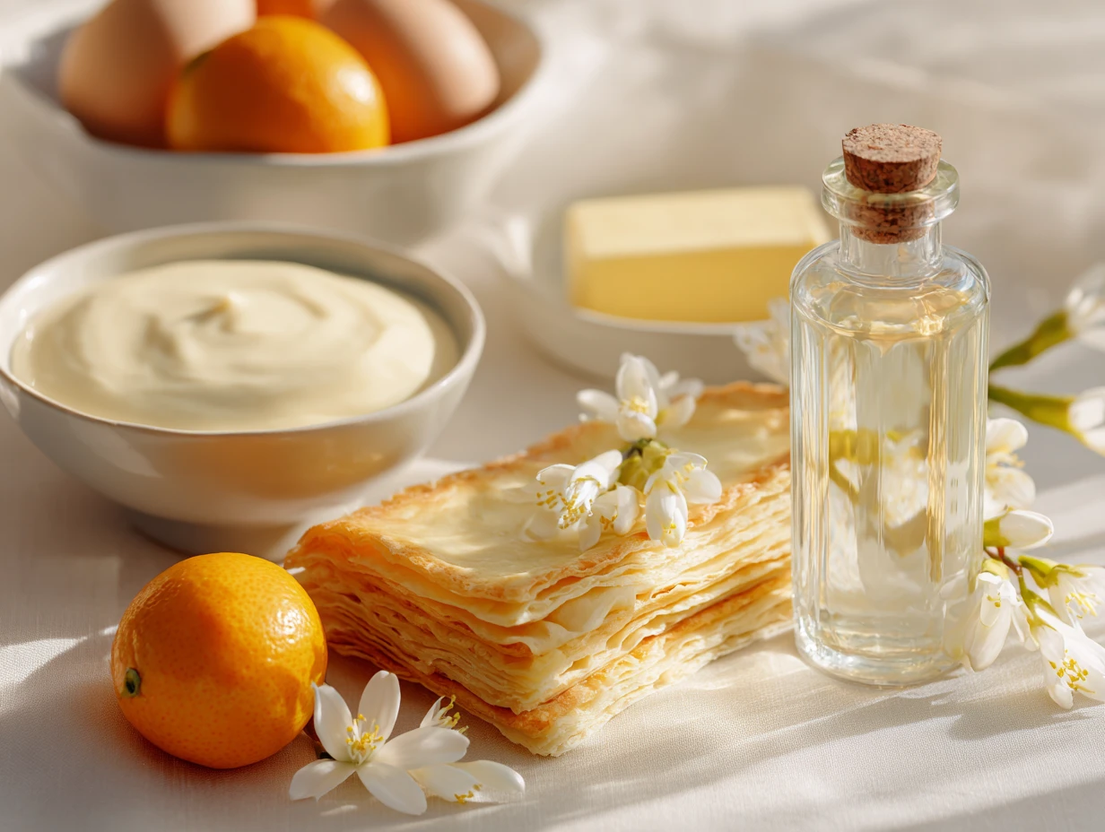 Sweet pastry with cream perfumed with orange blossoms Lux 7 Key ingredients for sweet pastry with cream perfumed with orange blossoms, including orange blossom water and pastry cream.