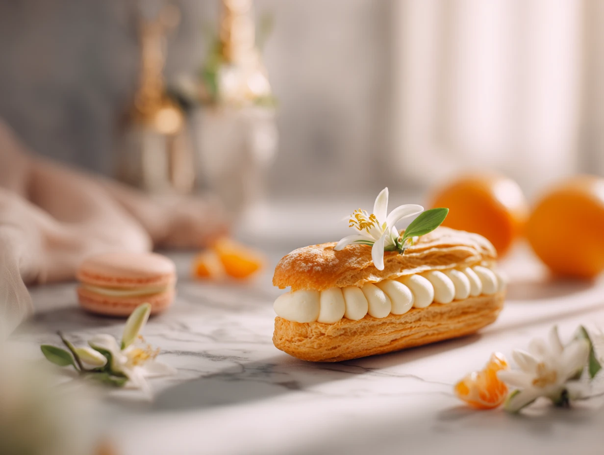 Sweet pastry with cream perfumed with orange blossoms Lux 2 Sweet pastry with cream perfumed with orange blossoms, styled as a luxury dessert with floral accents.