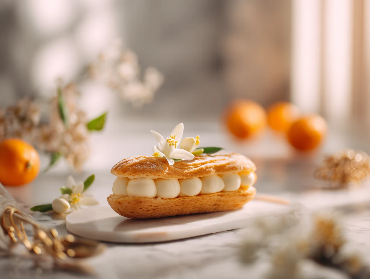 Sweet pastry with cream perfumed with orange blossoms Lux 3 Sweet pastry with cream perfumed with orange blossoms, styled as a luxury dessert with floral accents.