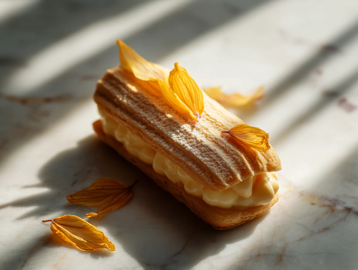 Sweet pastry with cream perfumed with orange blossoms Lux 9 Luxurious sweet pastry with cream perfumed with orange blossoms, garnished with edible petals and glaze, displayed elegantly on a marble plate.