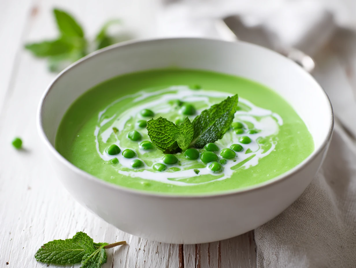 Cream Soup of Peas and Mint: Master This Mind-Blowing Dish 3 Cream of peas and mint soup with fresh mint garnish, showcasing a smooth texture and vibrant green color.