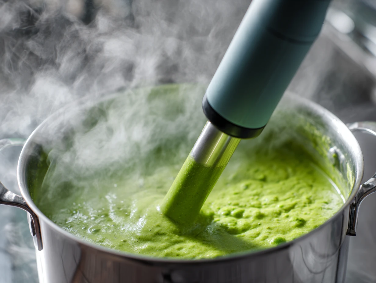 Cream Soup of Peas and Mint: Master This Mind-Blowing Dish 5 Blending cream of peas and mint soup to achieve a smooth and silky texture.