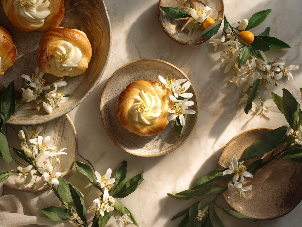 Sweet pastry with cream perfumed with orange blossoms Lux 4 u1416823846 An elegant Mediterranean style pastry scene showi 62425039 5a73 4add b24c a399b89017d3 1 www.moroccaneats.com