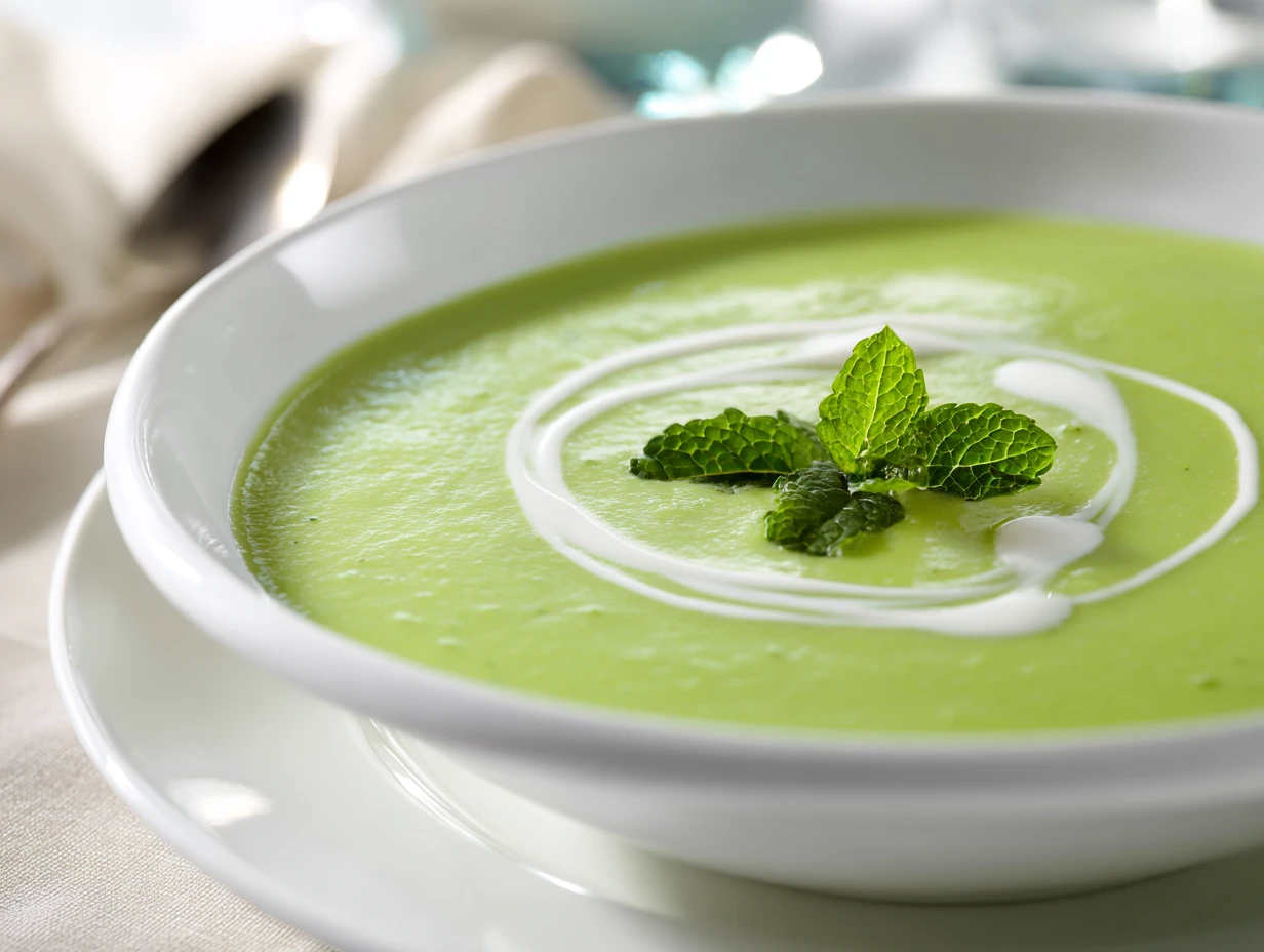 Cream Soup of Peas and Mint: Master This Mind-Blowing Dish 6 Cream of peas and mint soup with vibrant green color and minimalist garnish.