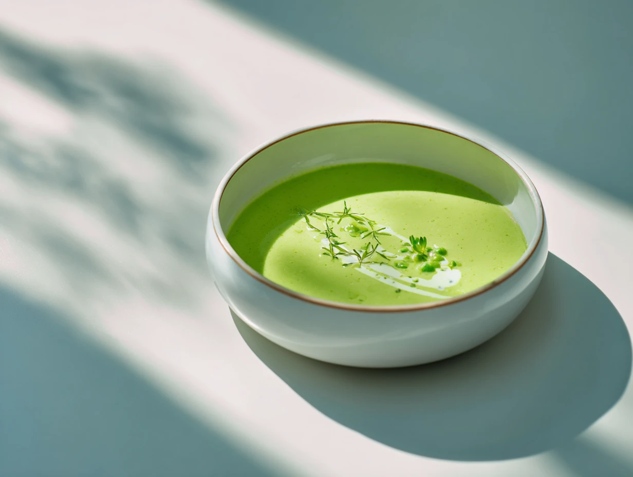 Cream Soup of Peas and Mint: Master This Mind-Blowing Dish 2 Cream of peas and mint soup served in an elegant bowl with vibrant green color and fresh presentation.