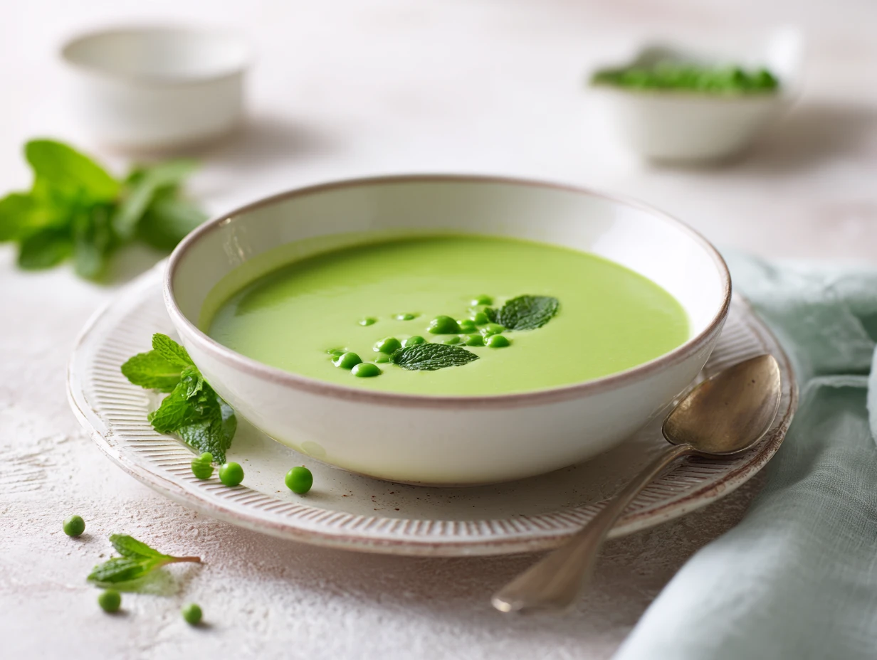 Cream of peas and mint soup served in an elegant bowl with vibrant green color and fresh presentation.