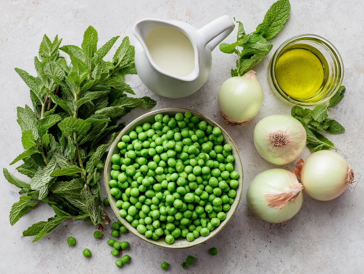 Cream Soup of Peas and Mint: Master This Mind-Blowing Dish 4 Fresh ingredients for cream of peas and mint soup including peas, mint leaves, shallots, and cream.