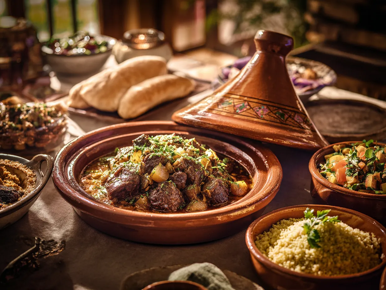 Lamb or Beef Tajine with caramelized onions and tomatoes – Irresistible Flavor 8 Lamb or beef Moroccan tajine served with traditional bread, couscous, and fresh side dishes.