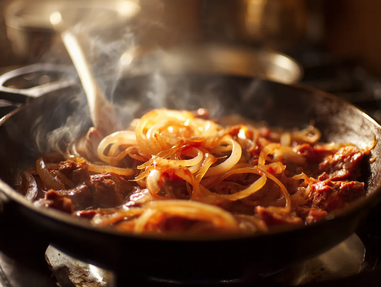 Lamb or Beef Tajine with caramelized onions and tomatoes – Irresistible Flavor 7 Step-by-step cooking process of Moroccan lamb or beef tajine with caramelized onions and tomatoes.