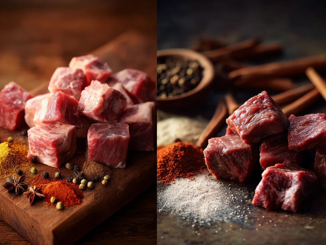 Lamb or Beef Tajine with caramelized onions and tomatoes – Irresistible Flavor 4 Comparison of lamb shoulder and beef chuck cuts used for Moroccan tajine cooking.