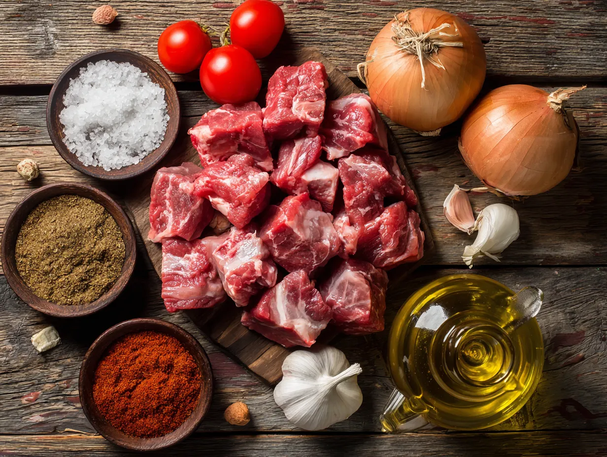 Lamb or Beef Tajine with caramelized onions and tomatoes – Irresistible Flavor 5 Ingredients for lamb or beef Moroccan tajine including onions, tomatoes, spices, and olive oil arranged on a rustic surface.