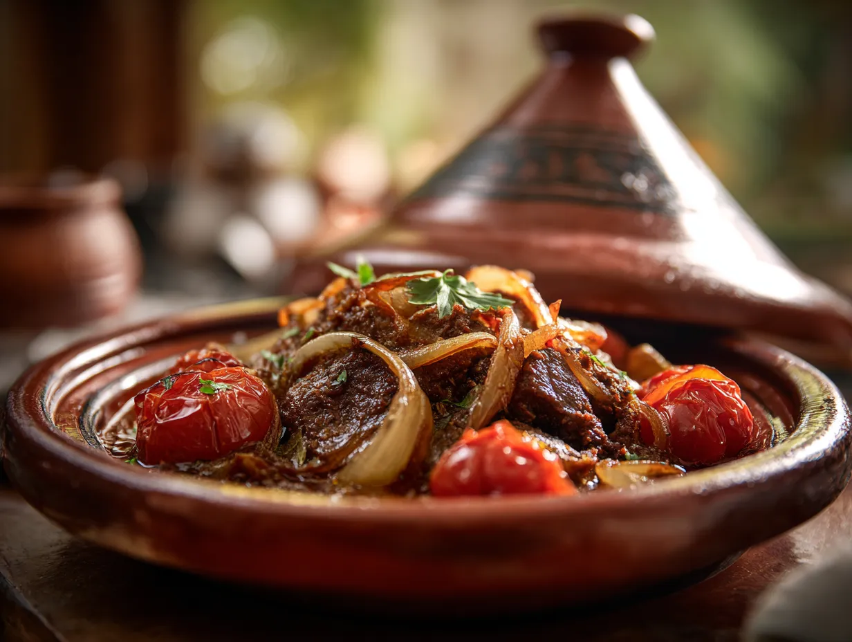 Lamb or Beef Tajine with caramelized onions and tomatoes – Irresistible Flavor 3 Lamb or beef Moroccan tajine with caramelized onions and tomatoes served in a traditional clay pot.