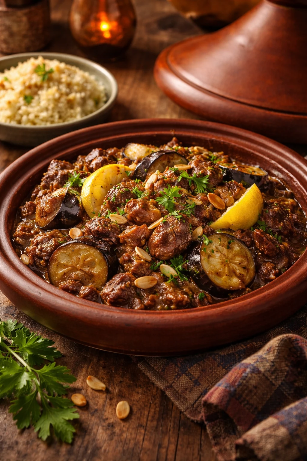 Hearty Tagine with Beef and Eggplants That Delights 5 Moroccan beef and eggplant tajine in a clay pot with tender beef, silky eggplants, and thick glossy sauce