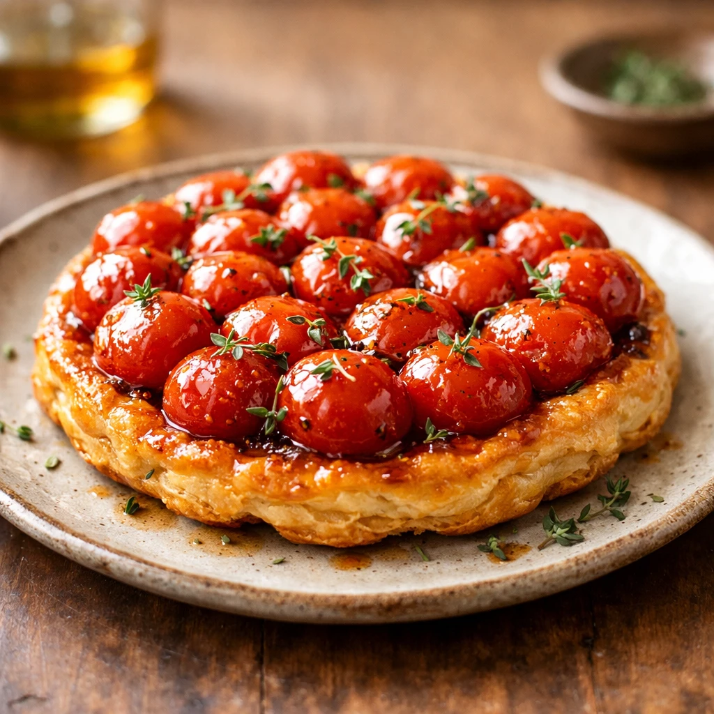 Tomato Tatin Tart : Irresistible Ultimate Delight 3 Tomato tatin tart with caramelized cherry tomatoes and golden puff pastry, served upside down on a rustic plate.