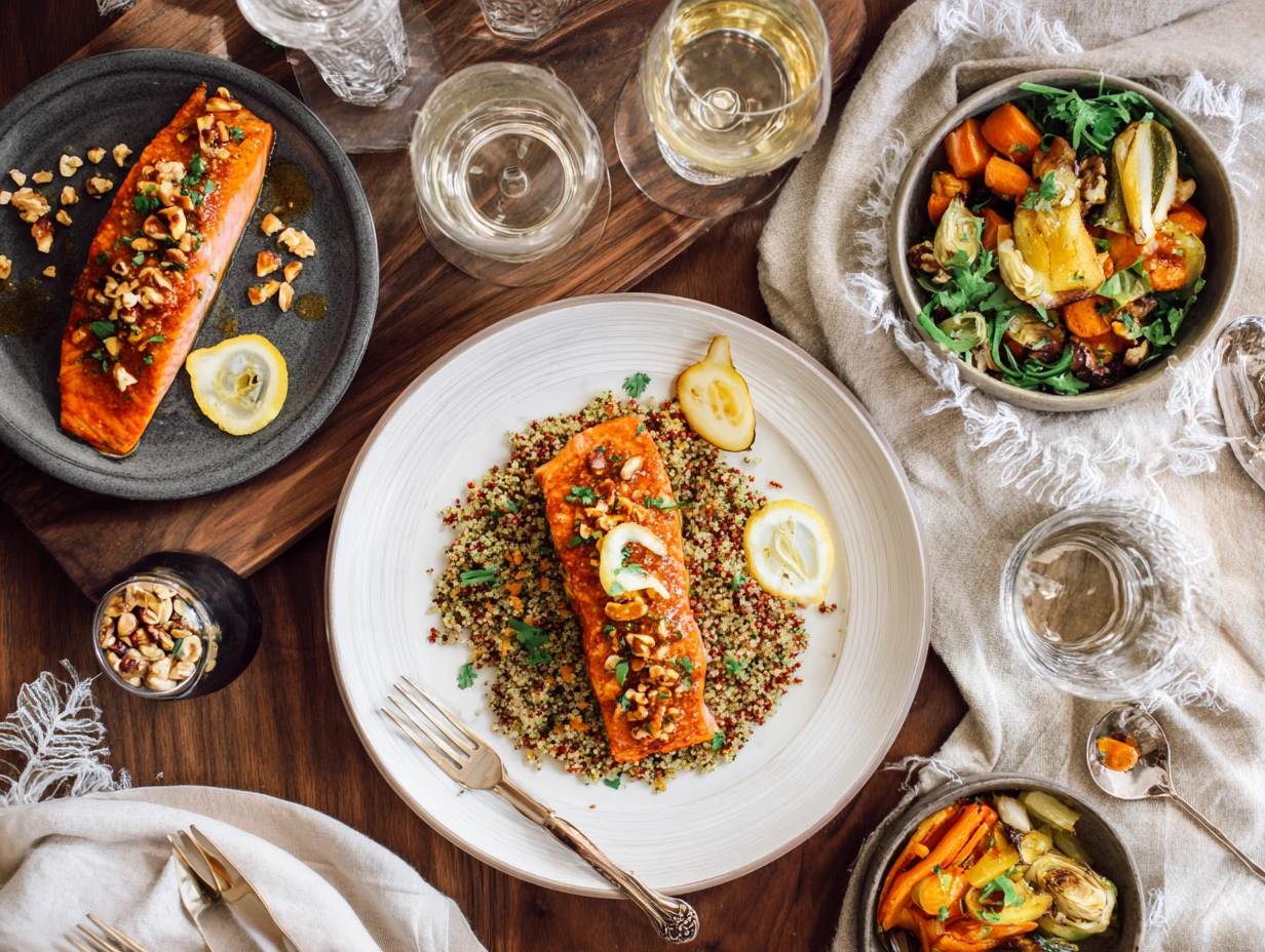 Amazing Harissa Honey-Glazed Salmon with Chermoula Quinoa 8 u1416823846 A beautifully plated dinner of Harissa Honey Glaz f0a0e3be 185e 4d28 8376 0947f8499677 1 www.moroccaneats.com
