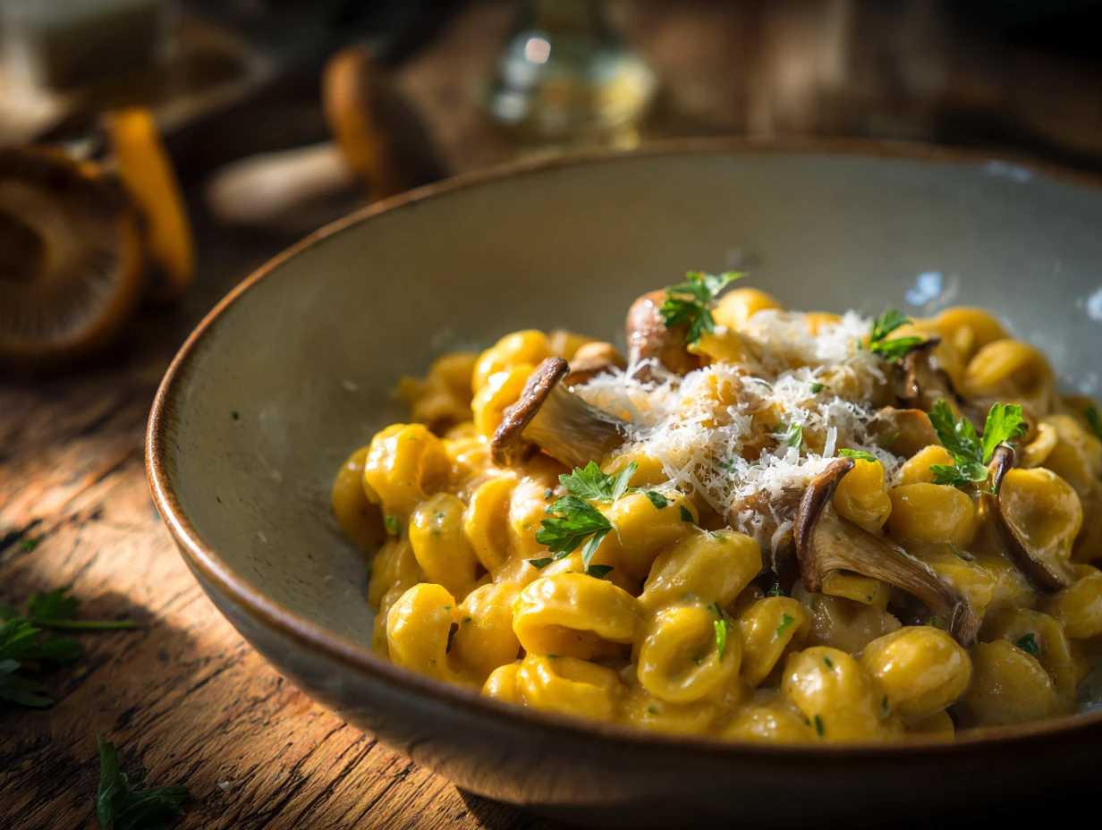 Bowl of saffron acini di pepe pasta in creamy mushroom sauce with fresh herbs and mushrooms.
