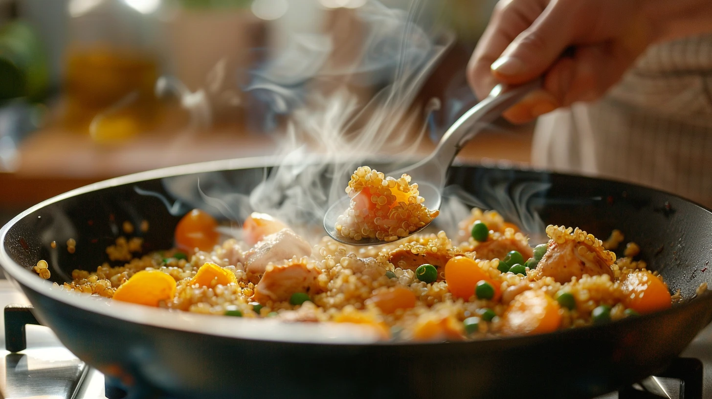 Moroccan Quinoa Chicken: An Absolute Flavor Explosion 4 A close-up shot of a hand fluffing a steaming one-pan Moroccan chicken and quinoa meal with a spoon, showing steam and vibrant textures.