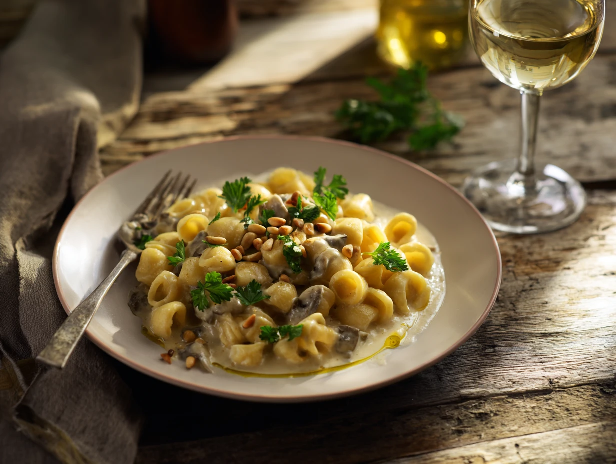 Plated saffron acini di pepe pasta in creamy mushroom sauce, garnished with parsley and pine nuts, served with white wine.