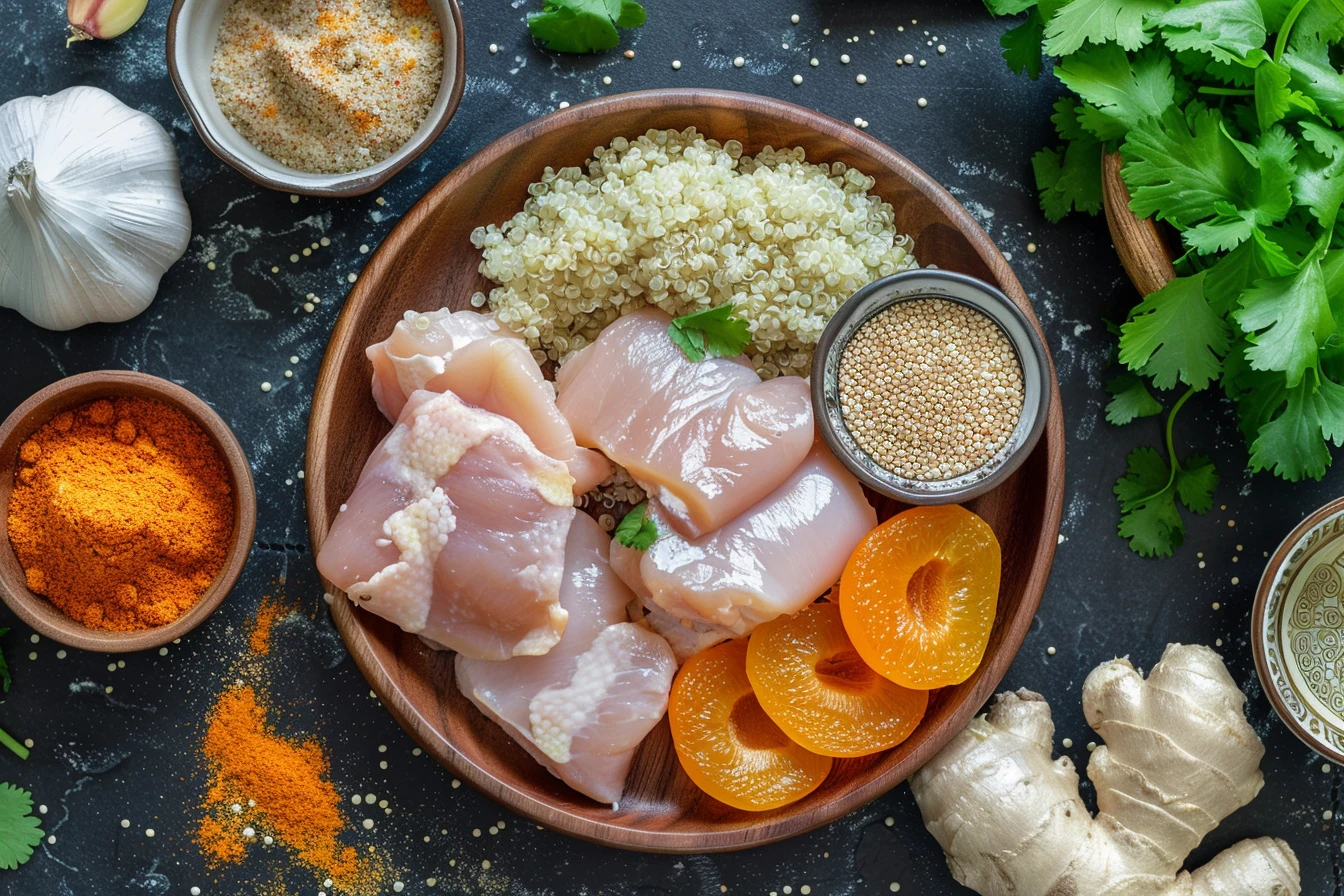 Moroccan Quinoa Chicken: An Absolute Flavor Explosion 3 An organized top-down view of recipe ingredients including raw chicken, quinoa, Moroccan spices, fresh ginger, garlic, and dried apricots on a dark stone surface.