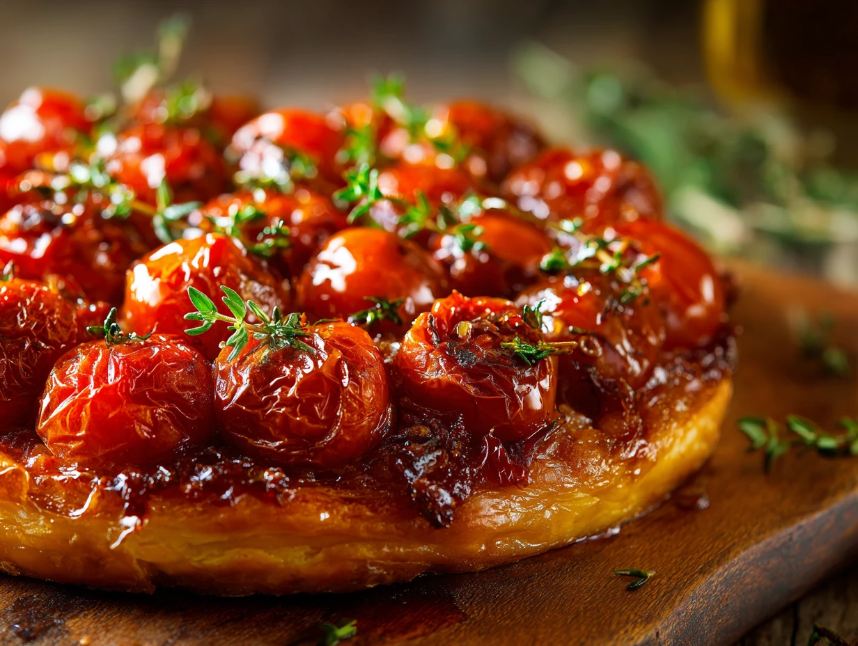 Tomato Tatin Tart : Irresistible Ultimate Delight 6 Perfectly baked tomato tatin tart with golden puff pastry and caramelized cherry tomatoes, garnished with fresh thyme on a rustic wooden table.