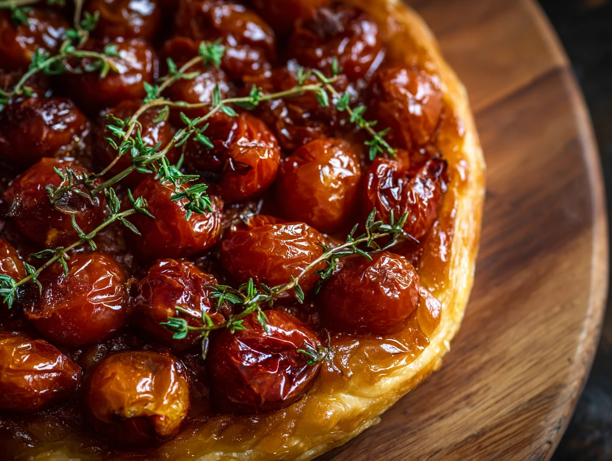 Tomato Tatin Tart : Irresistible Ultimate Delight 7 Tomato tatin tart with caramelized cherry tomatoes and golden puff pastry, garnished with fresh basil and thyme, served alongside an arugula salad on a rustic wooden table.