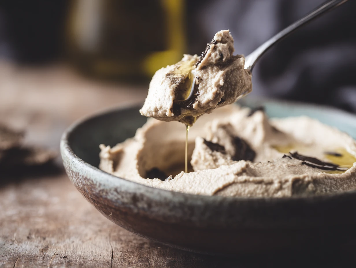 Truffle Hummus: Silky Smooth Perfection 9 u1416823846 Close up of a spoon scooping creamy truffle hummu d1735edb fd0a 4030 bc17 cd0171e0b53b 3 www.moroccaneats.com