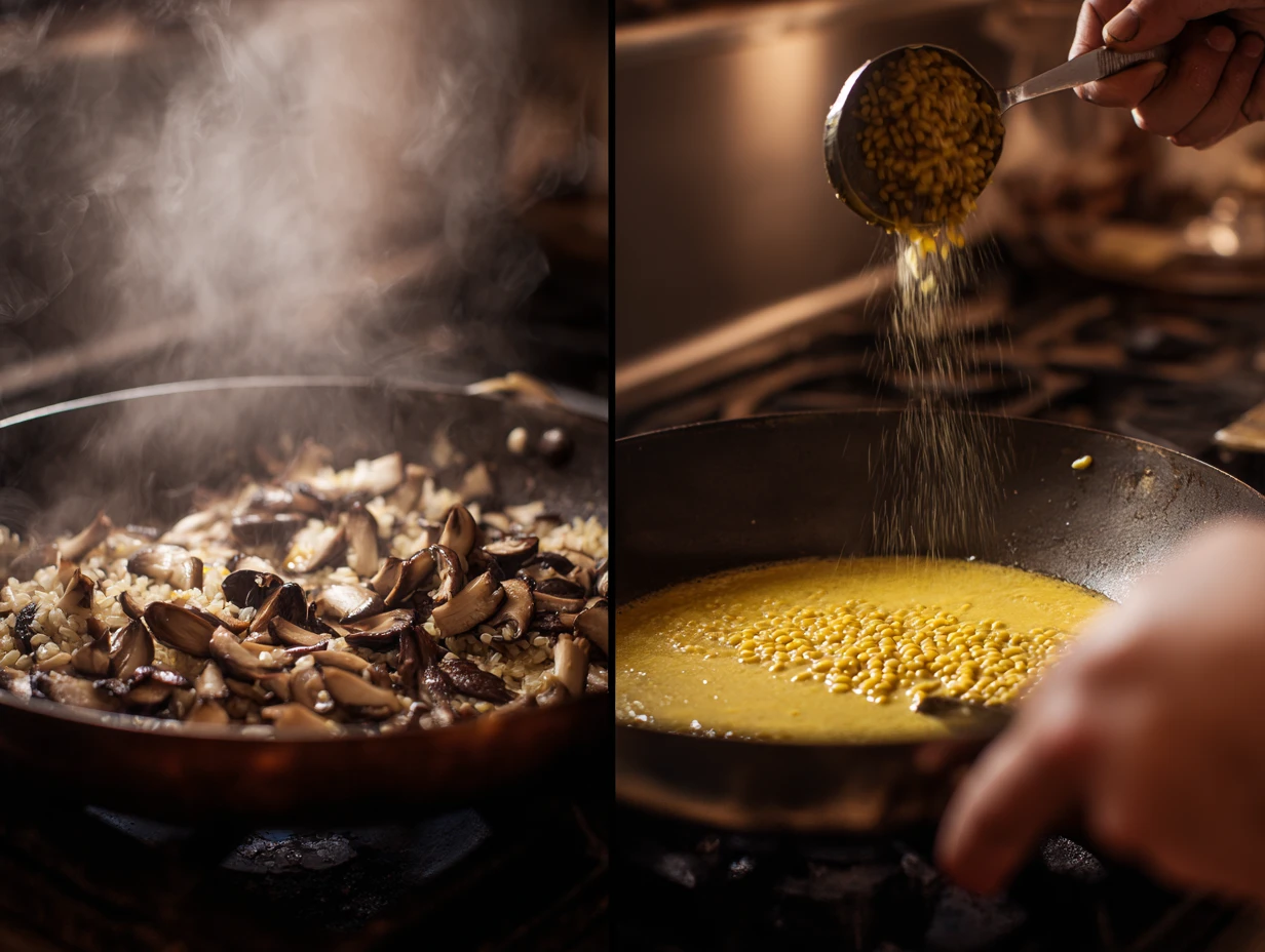 Sautéed mushrooms and saffron cream sauce being mixed with acini di pepe pasta in a skillet.