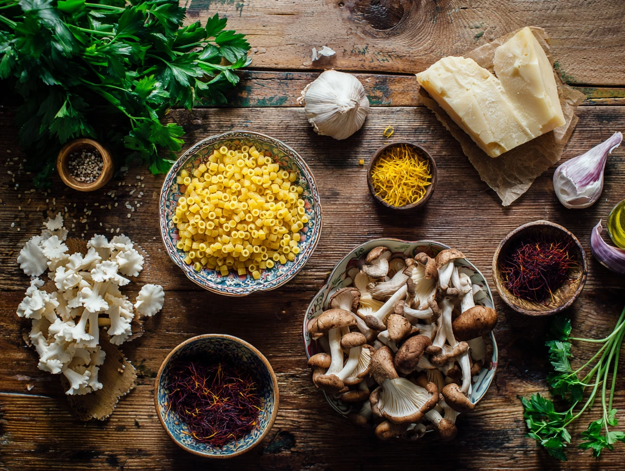 Flat lay of ingredients for saffron acini di pepe pasta with mushrooms, garlic, Parmesan, and saffron threads.
