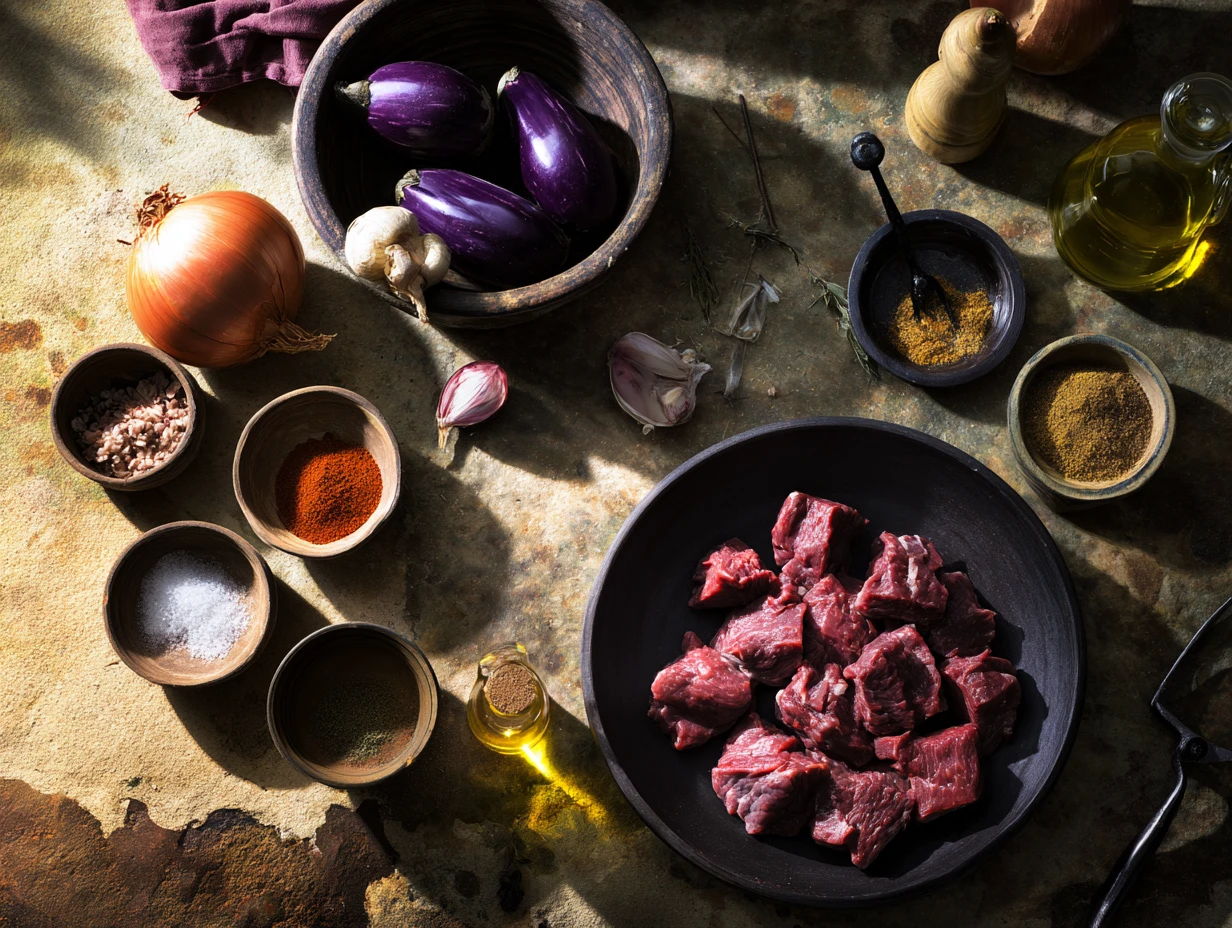 Hearty Tagine with Beef and Eggplants That Delights 3 Ingredients for Moroccan beef and eggplant tajine arranged on a rustic table